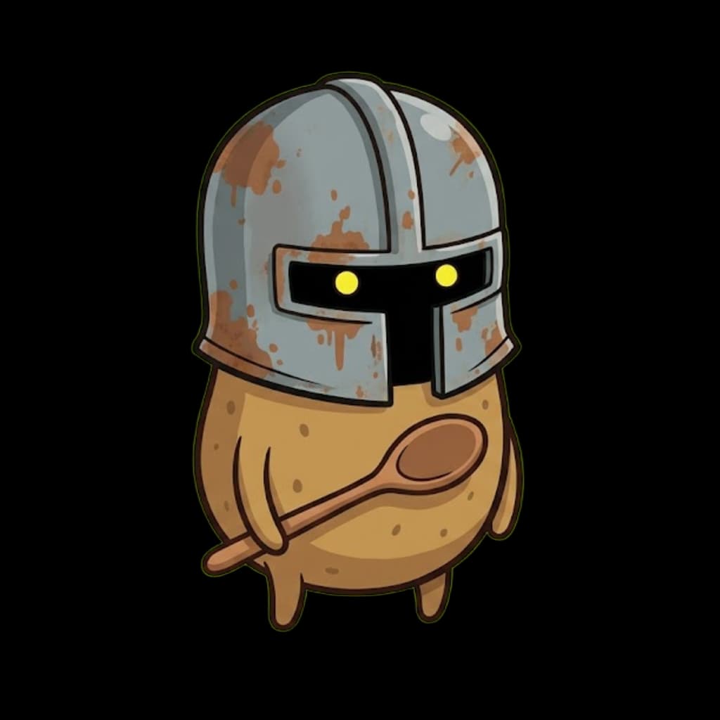 A potato-shaped creature wearing a weathered knight helmet and holding a wooden spoon